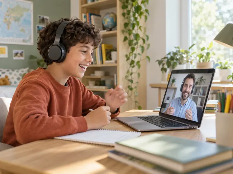 A boy in headphones talks with a teacher on a laptop screen and writes in a notebook