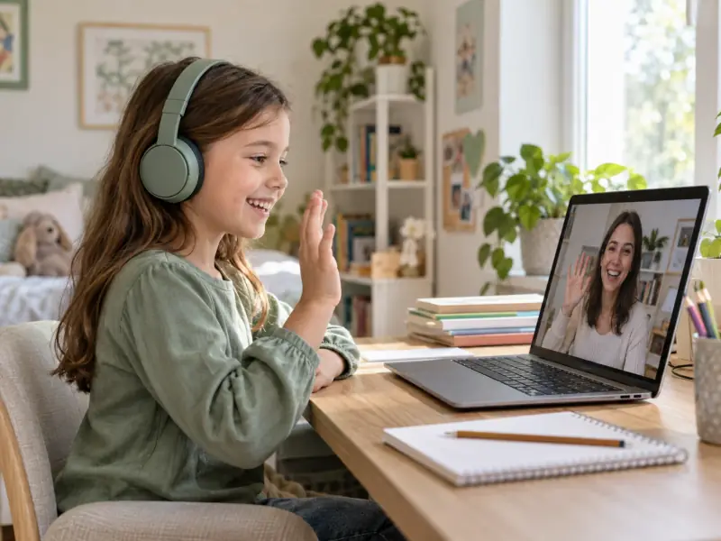 A girl in headphones waves to a teacher on a laptop screen during an online lesson