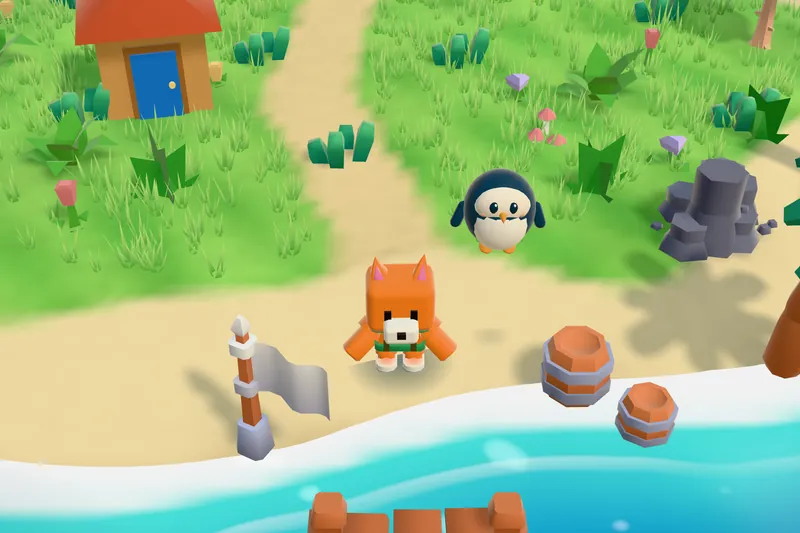 Il pinguino Speaky e una volpe sulla spiaggia di un’isola in 3D